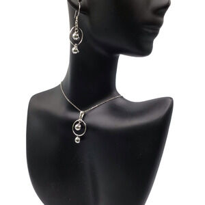 925 Sterling Silver Necklace & Earrings Set Ball Pendant 18" Dangle Hooks